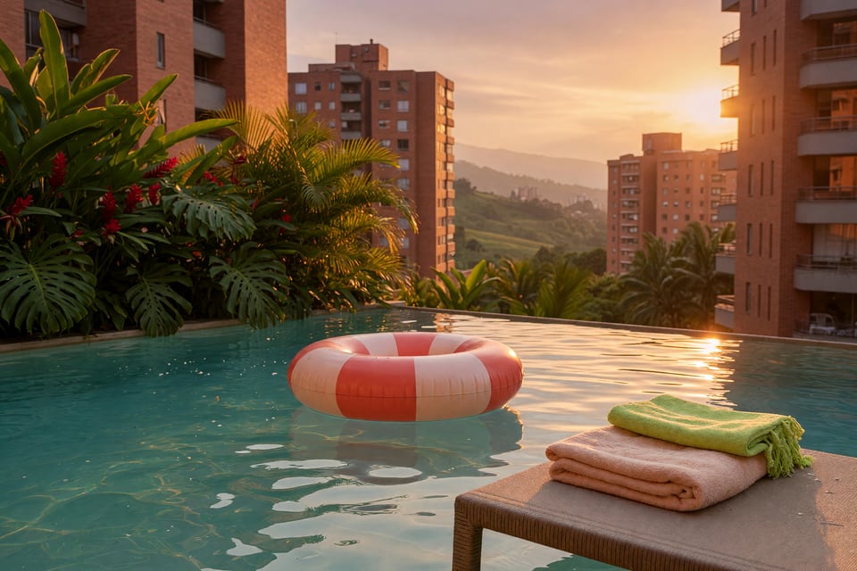 A quiet hotel pool in Medellín at golden hour, with the red-brick towers of the valley behind.