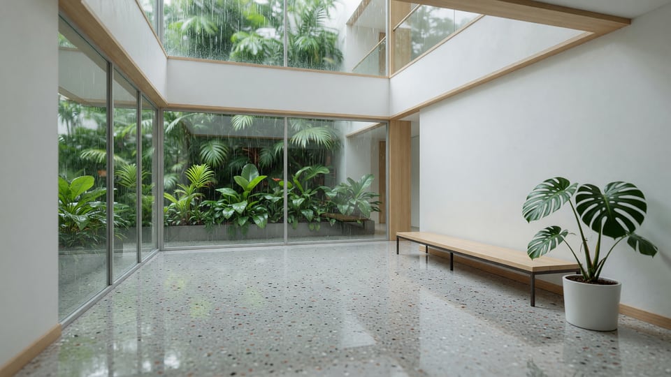 The daylight atrium of a modern private hospital, empty, with a full-height glass wall onto tropical planting